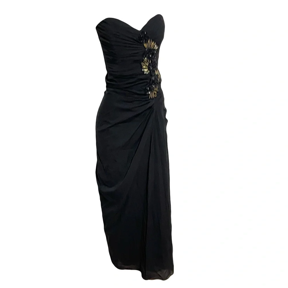 Badgley Mischka Collection black silk strapless ruched side sequin fitted dress - Picture 2 of 13